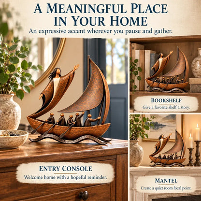 ⛵ Faith-Inspired Sailing Boat Sculpture | Bronze-Tone Décor with Symbolic Figures & Timeless Detail ✨