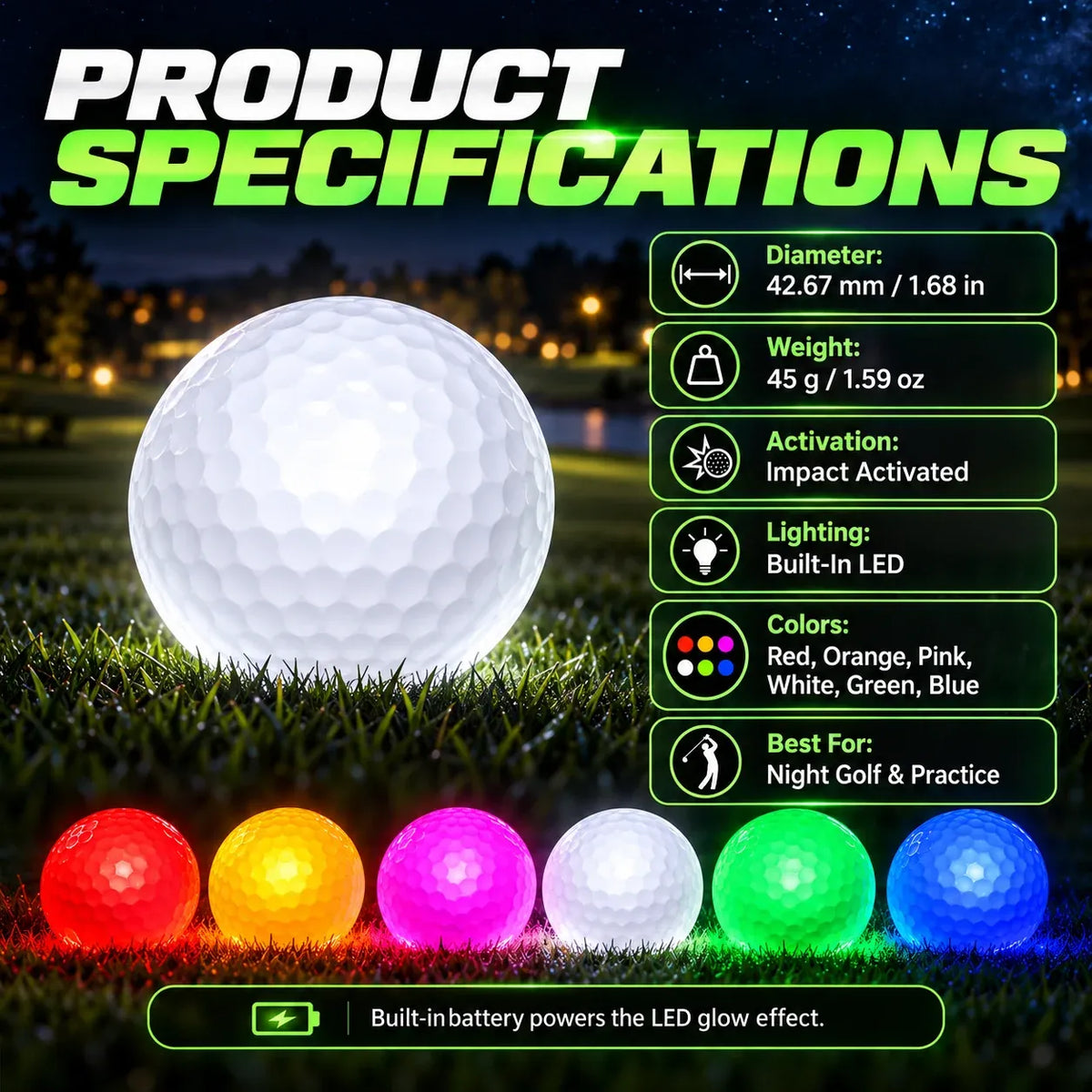 ⛳ Impact-Activated LED Golf Ball – 6 Glow Colors