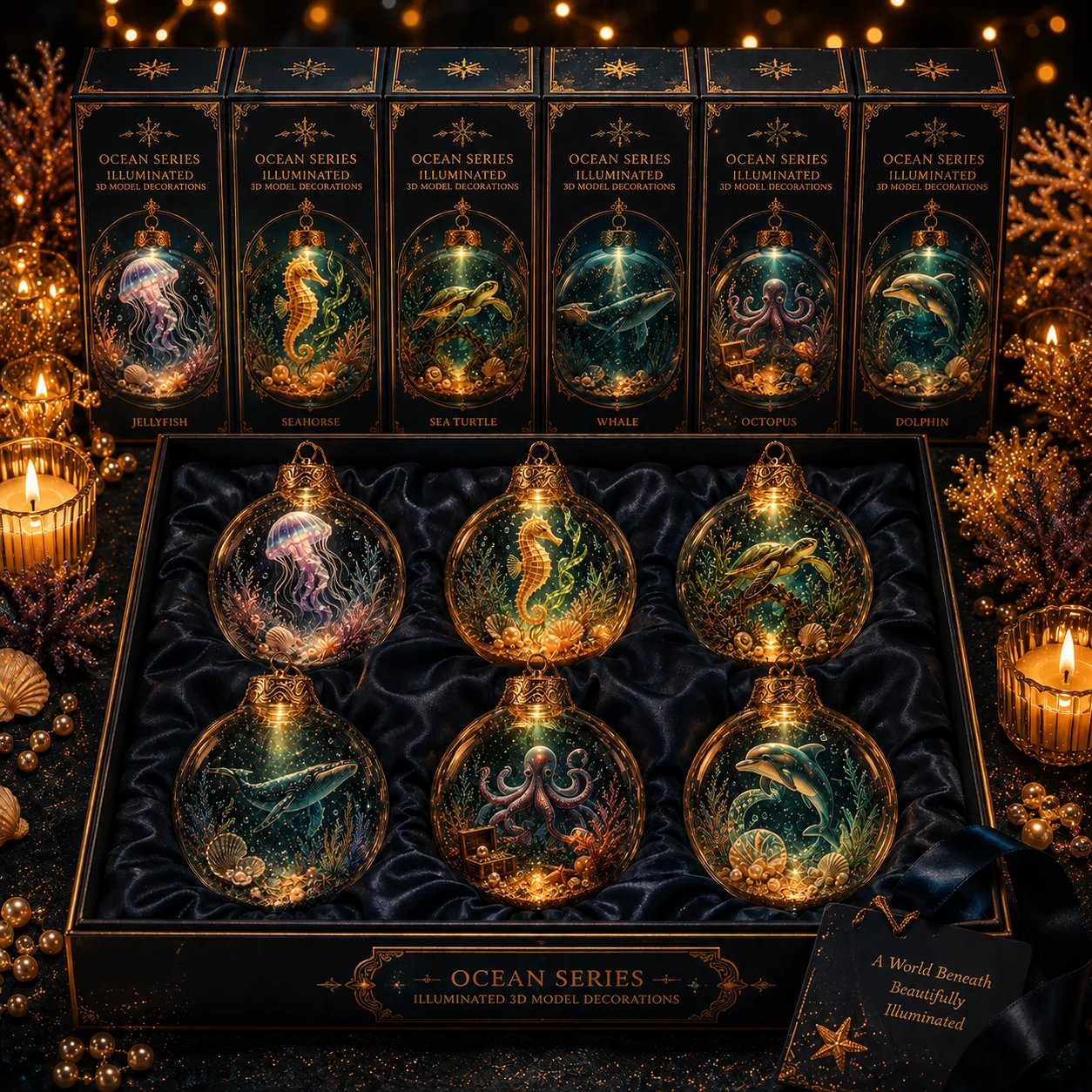 🌊 Ocean Series Illuminated 3D Model Decoration Collection | Clear Display Ornament with Detailed Sea Creatures, Coral, Shell & Pearl-Style Accents ✨