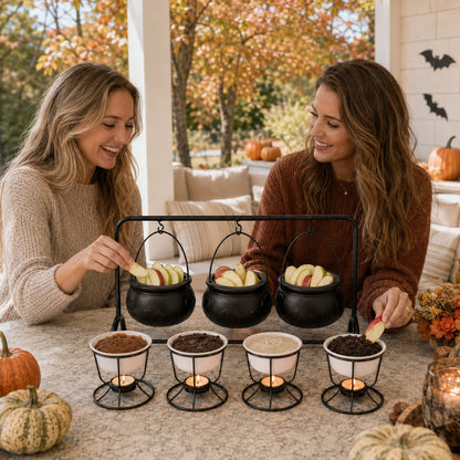 Halloween Caramel Apple Dip Station - Hanging Witch Cauldron & Ceramic Candlelit Fondue Warmer Set