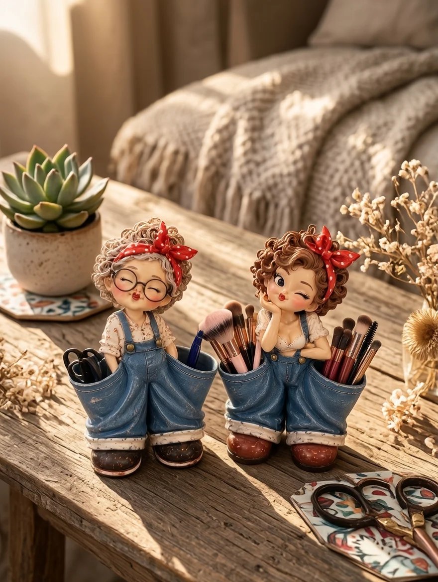Retro Girl Makeup Brush Holder – Cute Vintage Vanity Organizer