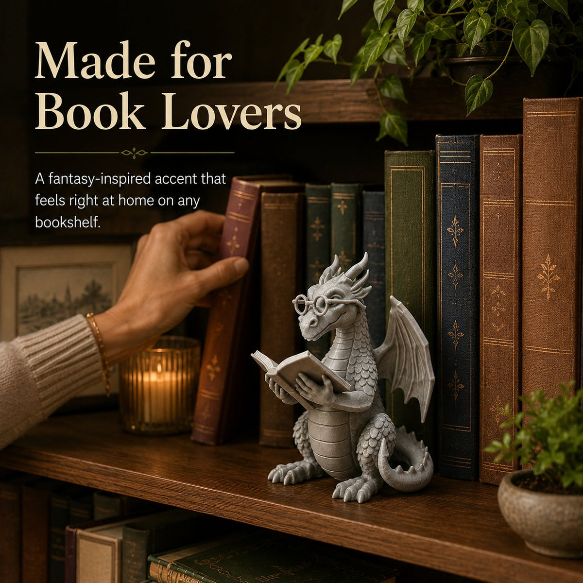 🐉 Reading Dragon Book Light Decoration, 12 cm Fantasy Dragon Figurine