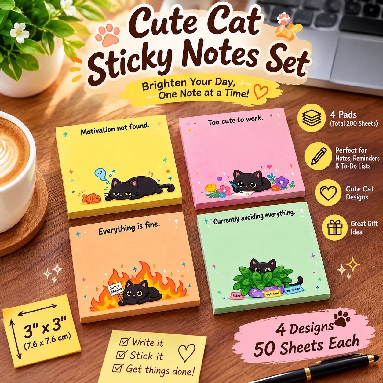 🐾 Sassy Black Cat Sticky Notes (4-Pack) | Funny Sarcastic Memo Pads for Office, School & WFH | 3'x3'