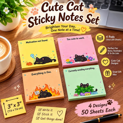 🐾 Sassy Black Cat Sticky Notes (4-Pack) | Funny Sarcastic Memo Pads for Office, School & WFH | 3'x3'