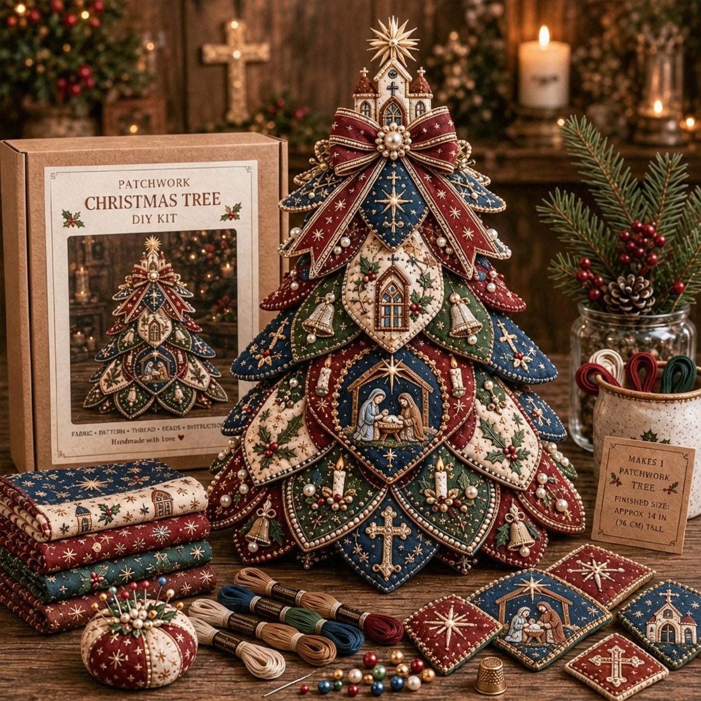 ⏳ Last Day 49% OFF – ✝️ Beginner-Friendly Tree of Faith 3D Quilted Christmas Tree Sewing Kit | Complete Kit with Coordinated Fabrics, Beads & Step-by-Step Guide Included 💕