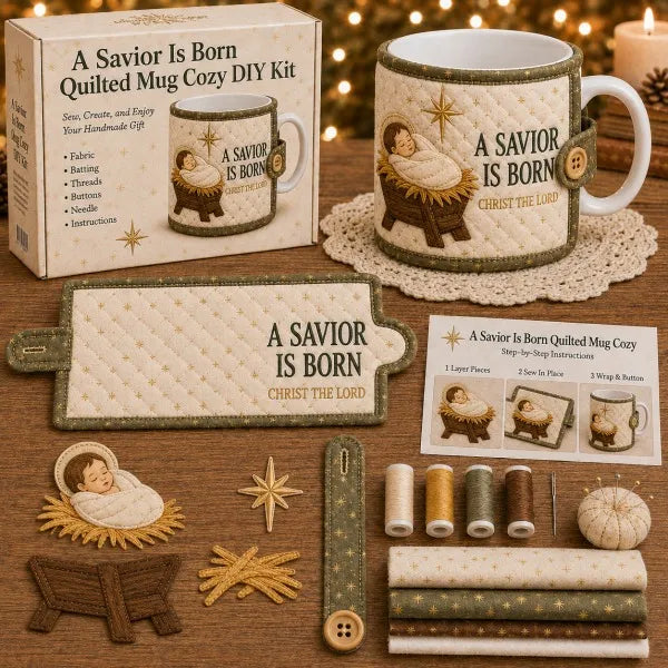✝️ Beginner-Friendly Christmas Faith Mug Cozy Sewing Kit | 6 Christian-Inspired Designs with Fabric Pieces, Batting, Appliqué, Thread, Buttons, Needle & Step-by-Step Guide Included 💕