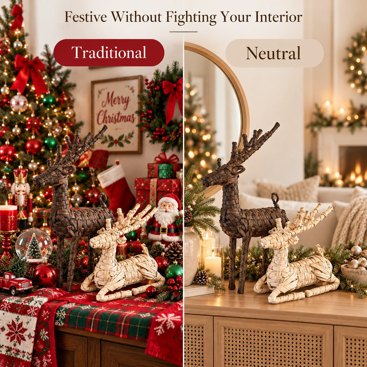 🦌 Woven Rattan Reindeer Christmas Décor – Rustic Holiday Reindeer