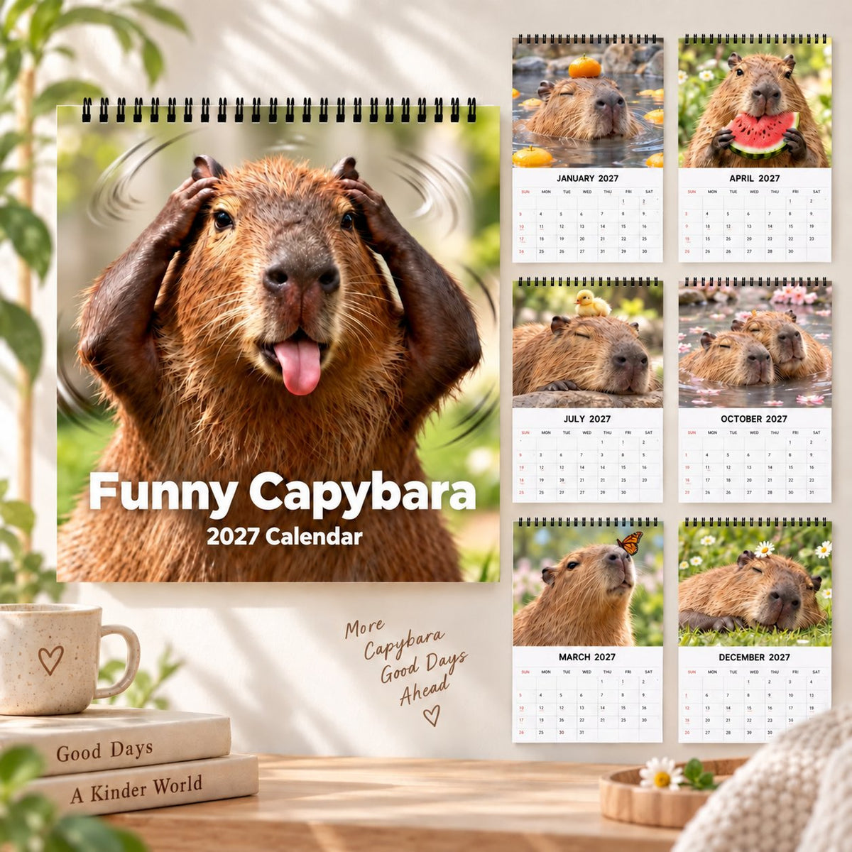 Funny Capybara 2027 Wall Calendar – 12-Month Cute & Playful Capybara Calendar, Spiral Hanging Wall Planner for Capybara Lovers & Nature Fans
