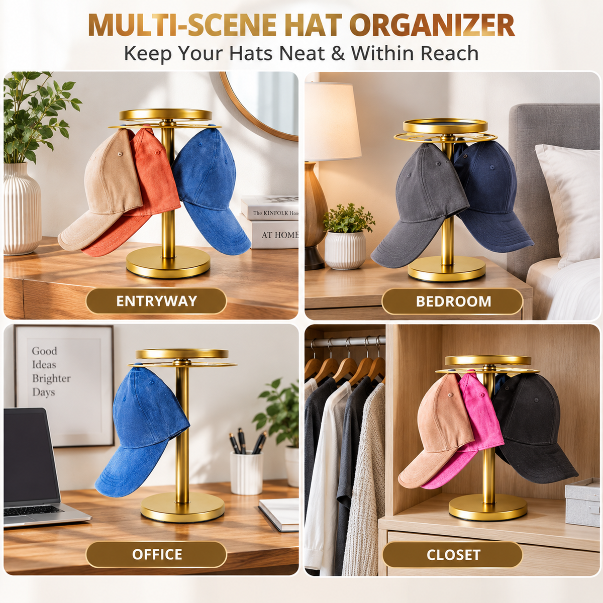 360° Rotating Baseball Cap Organizer with Storage Tray