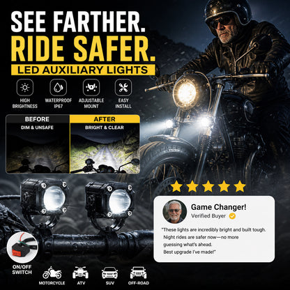 🎉 2026 Sale — Over 40,000 Sold! 🏍️ Universal Motorcycle LED Spotlights – Dual Beam & All-Weather Waterproof 💡