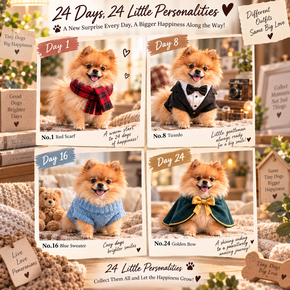 Pomeranian Crew daily discovery concept featuring several numbered miniature dog characters