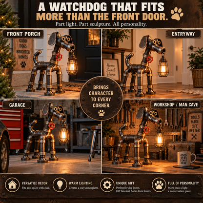 Pipe Pup Watchdog Lamp – Industrial Dog Lantern Sculpture 🐾💡