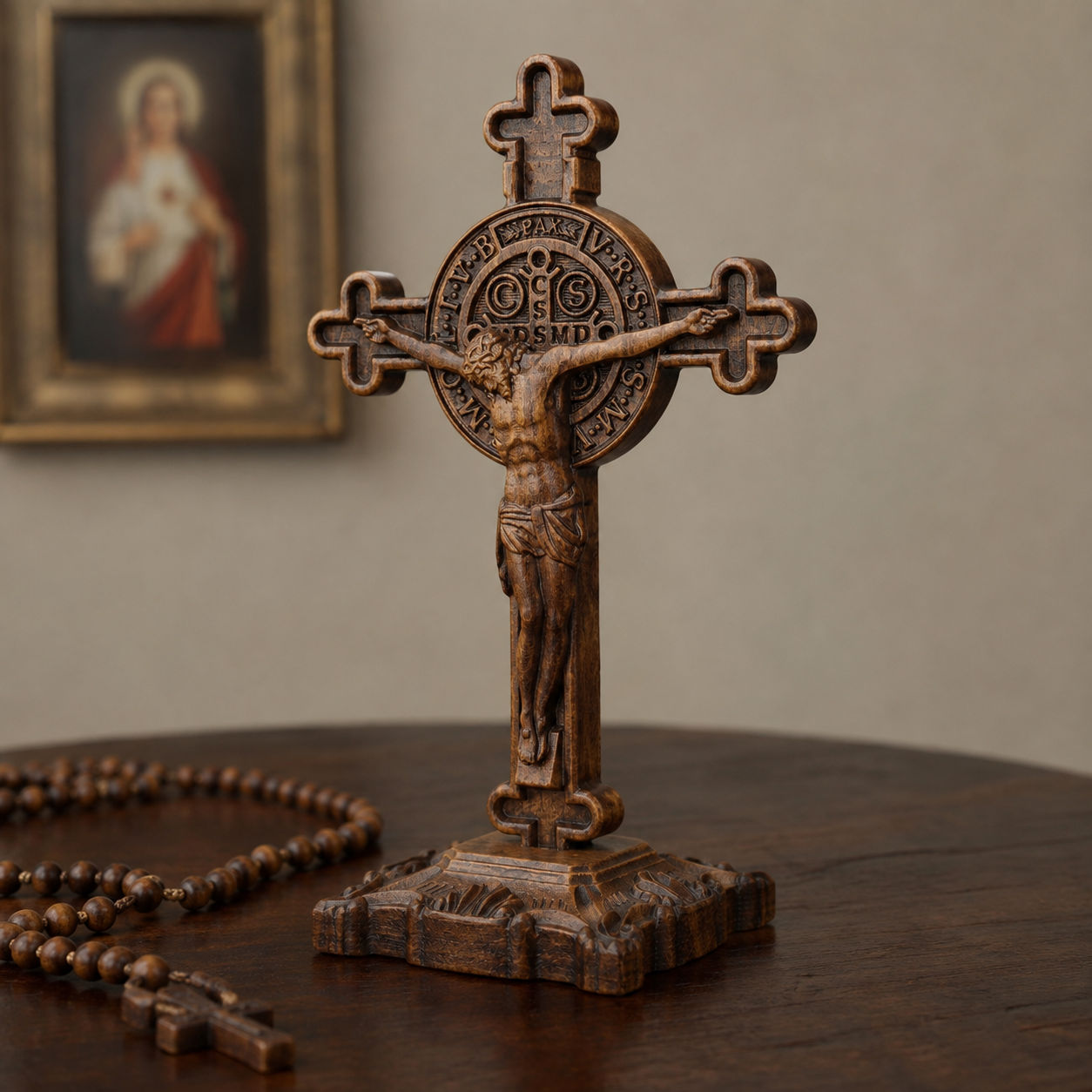 Hand-Carved Beechwood Saint Benedict Crucifix – Double-Sided Christian Standing Cross