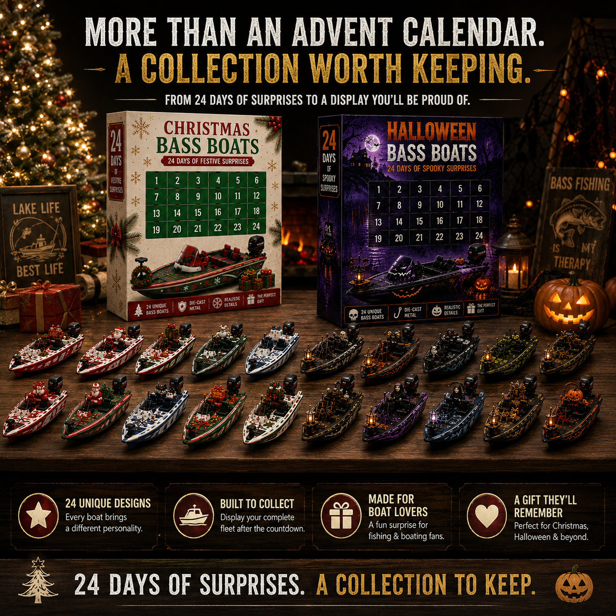 🚤24-Day Bass Boat Advent Calendar – Christmas & Halloween Collectible Boat Edition