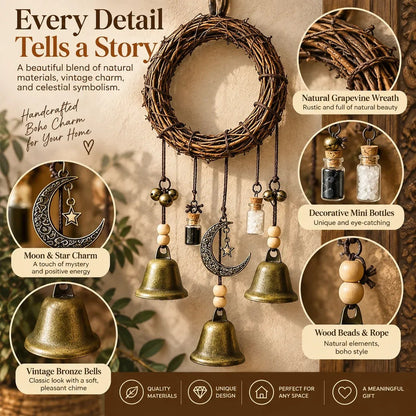 🌙🔔 Boho Moon & Bell Hanging Decor – Rustic Celestial Charm