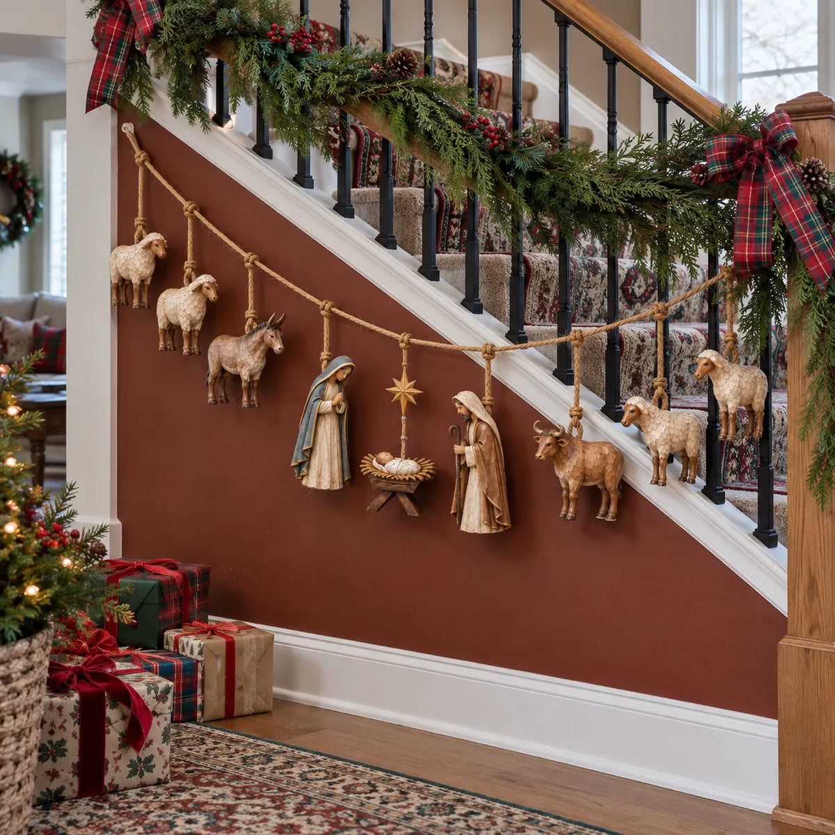 🎄 Handcrafted Wooden Nativity Garland – Rustic Christmas Decor