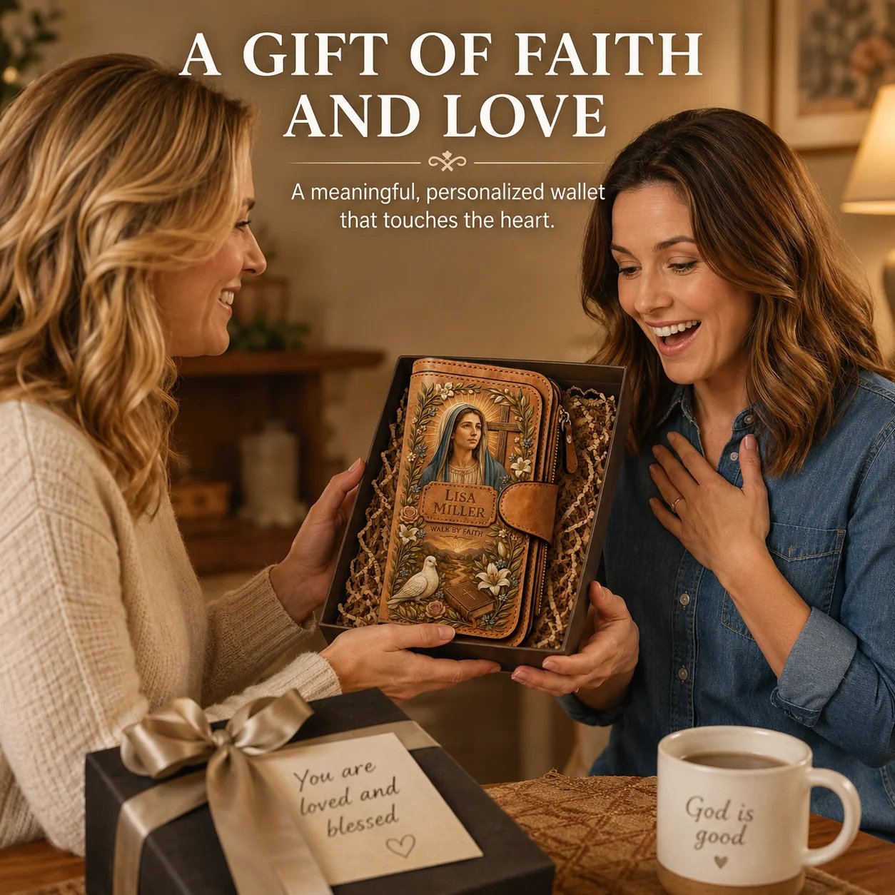 Personalized 'Walk By Faith' Vintage Leather Clutch Wallet 🕊️ | Jesus & Mary Editions