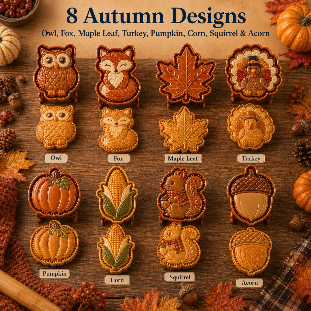 ⏳ Last Day 49% OFF – 🍂 8-Design Fall Mini Pie Mold Collection | Reusable Embossed Molds for Shaping Detailed Owl, Fox, Turkey, Pumpkin, Acorn & More 🥧✨