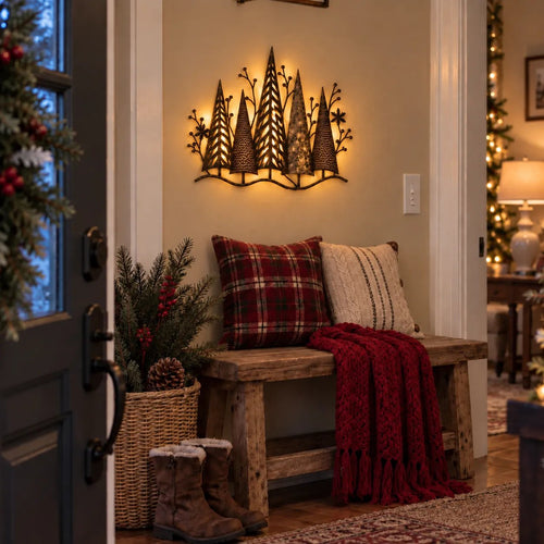 🎄🕯️Vintage metal wall decoration with forest motif and lighting🌙