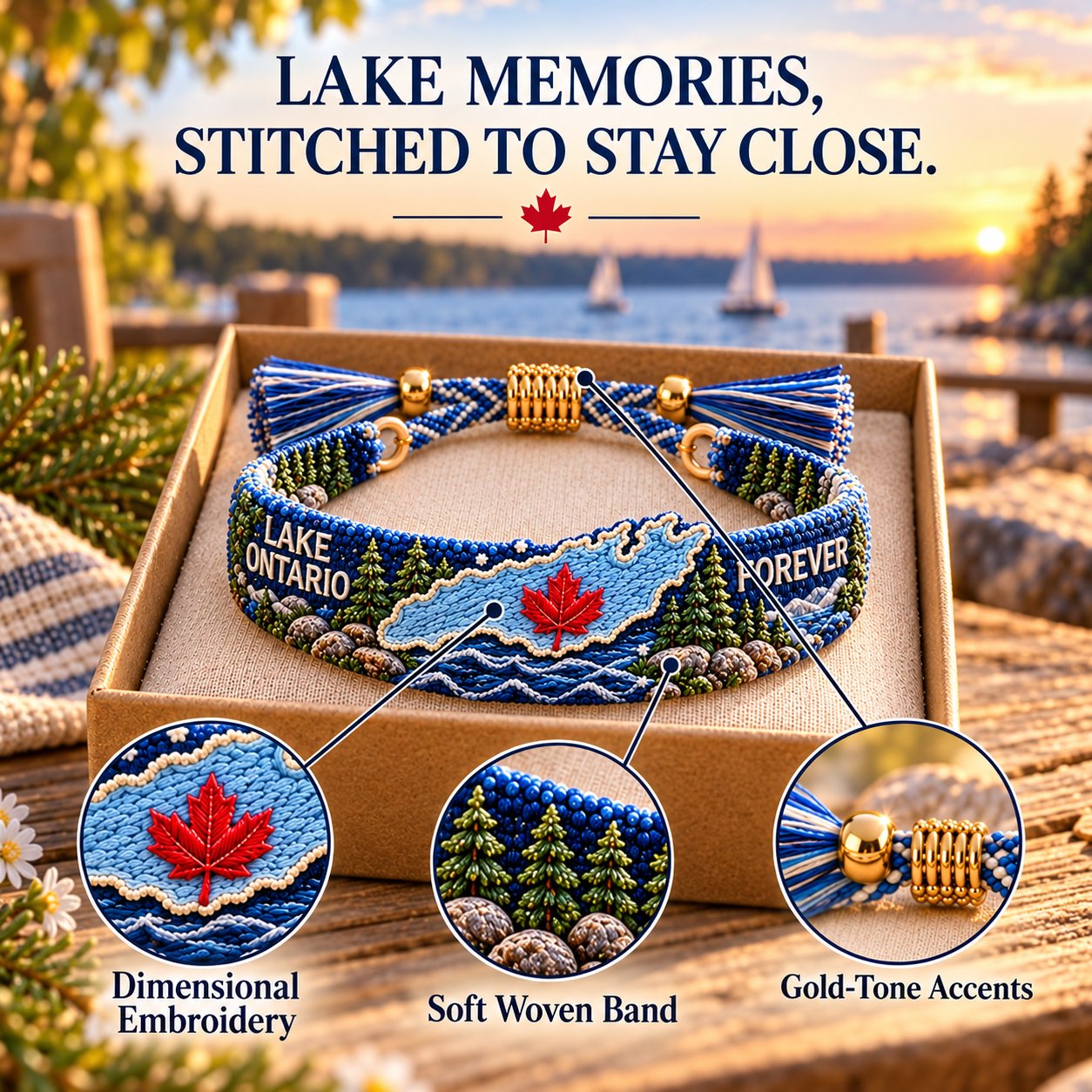 🌊 Lake Ontario Forever Embroidered Bracelet | Scenic Lake Design with Adjustable Woven Band, Meaningful Message & Gift-Ready Keepsake Box 🍁