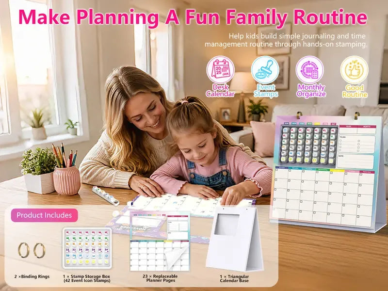 📅 Reusable Desk Calendar with 42 Self-Inking Event Stamps & 23 Replaceable Pages