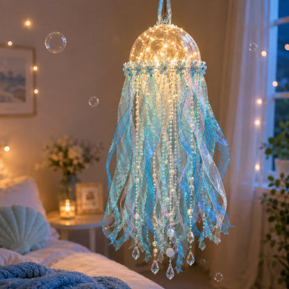 🎁 BUY 2 & GET FREE SHIPPING – 🪼 DIY Glowing Jellyfish Hanging Decoration Kit | Dreamy Floating Glow with Iridescent Ribbons, Pearls & Fairy Lights ✨