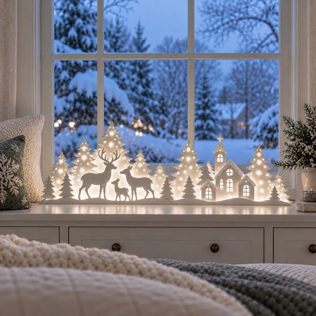 🦌 LED Christmas Deer & Village Window Decor | 2-Piece Lighted Scene