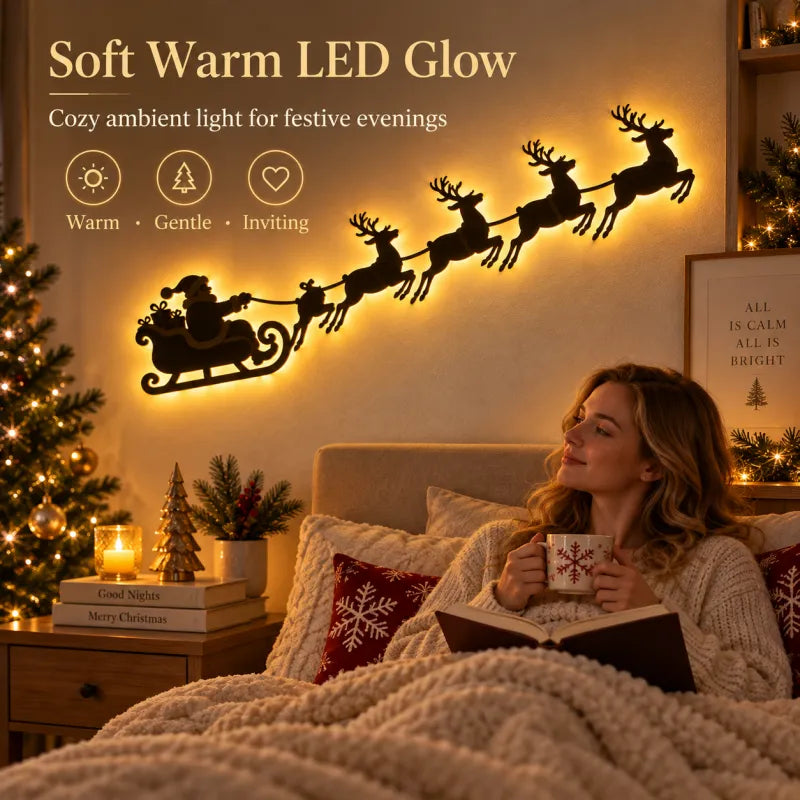 LED Christmas Santa Sleigh Wall Art, Illuminated Reindeer Silhouette Metal Sign, Warm Backlit Holiday Wall Decor
