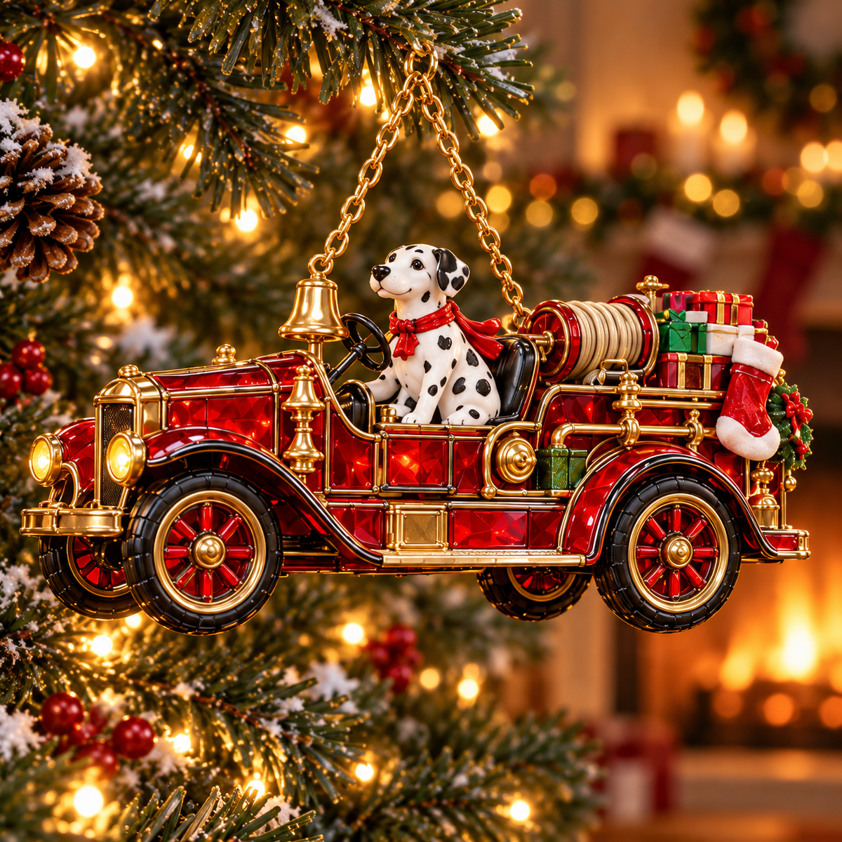 2026 Vintage Fire Truck Christmas Ornaments – Set of 6 | Stained-Glass Style with Festive Holiday Scenes & Golden Accents