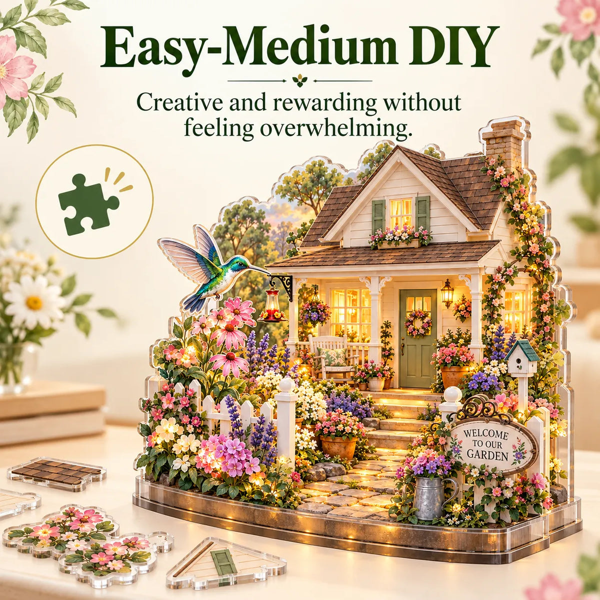 🌷DIY Layered Acrylic Garden Cottage Kit with LED Lights✨