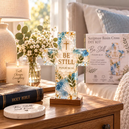 ✝️ Beginner-Friendly Be Still Scripture Resin Cross DIY Kit | Complete Kit with Cross Mold, Two-Part Resin, Florals, Gold Accents, Tools & Step-by-Step Guide Included 💕