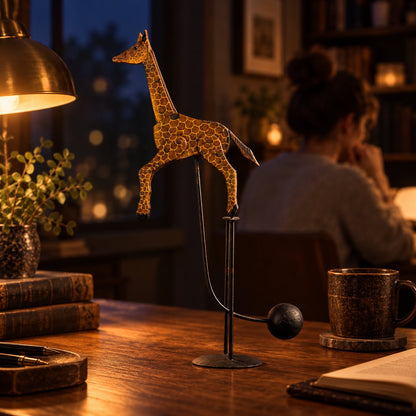 Handcrafted Balancing Giraffe Kinetic Desk Sculpture Mid-Century Kinetic Art Statue for Office Desktop & Home Table Decor
