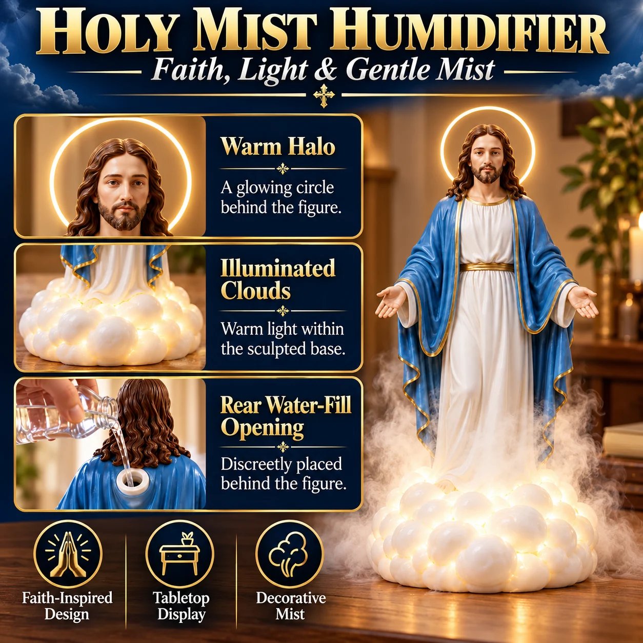 Holy Mist Jesus figurine humidifier with halo light illuminated cloud base and gentle mist