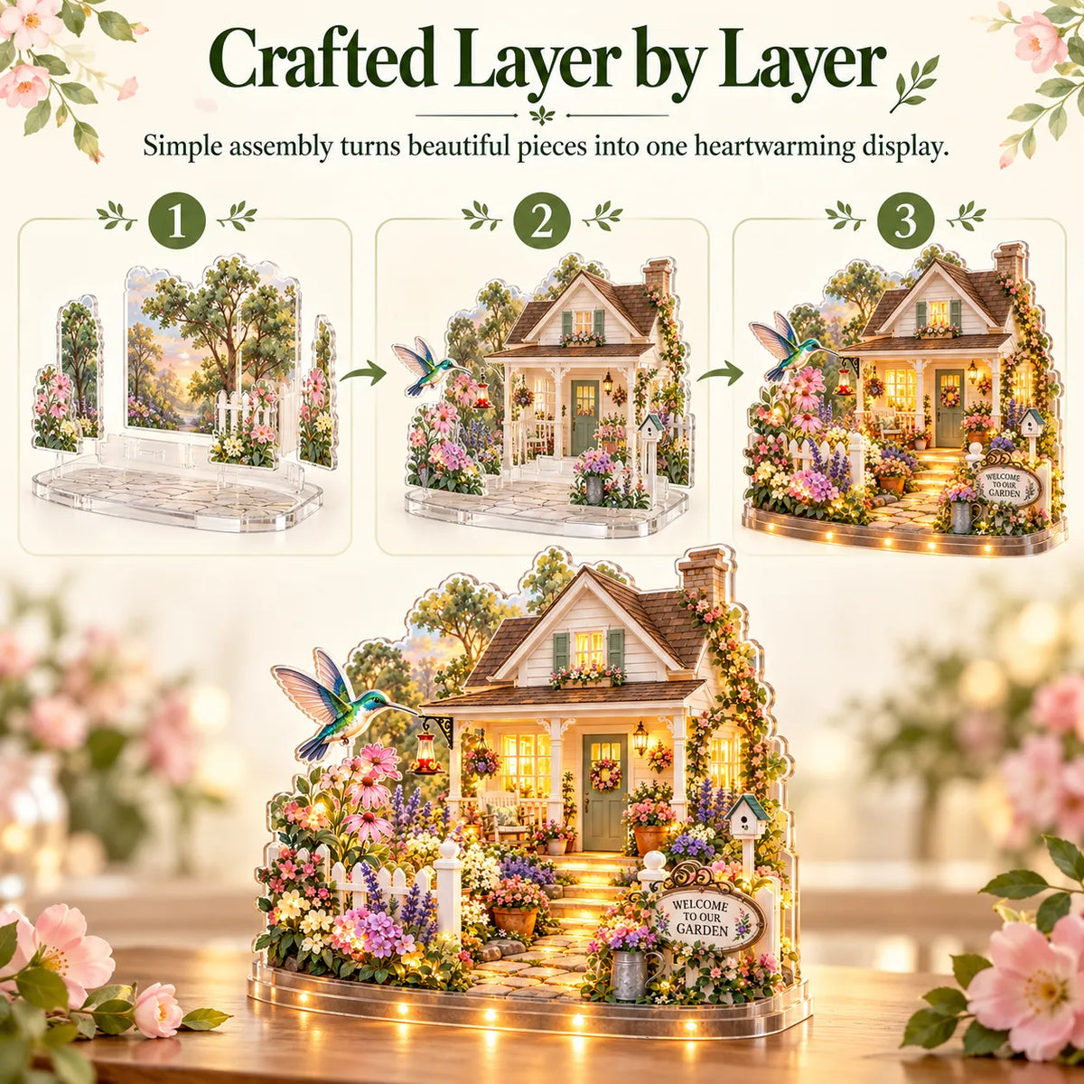 🌷DIY Layered Acrylic Garden Cottage Kit with LED Lights✨