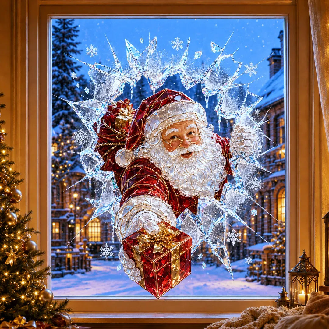 🎄Crystal Christmas Break-In Window Decal | 3D Shattered Glass Illusion with Sparkling Holiday Characters for Magical Window Decorations ✨🎅