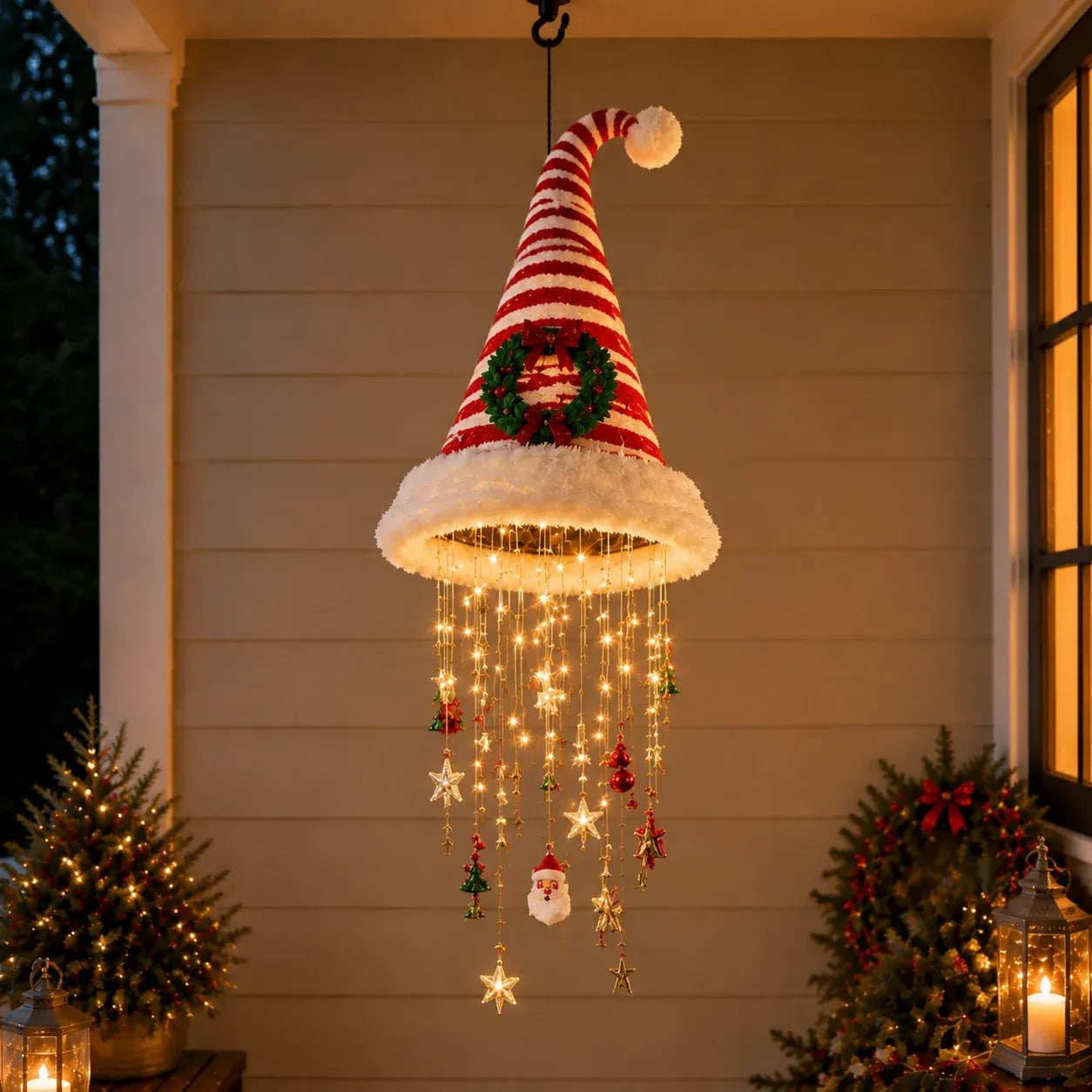 🎅 LAST DAY 49% OFF – Light-Up Christmas Hat Chandelier | Hanging Santa Hat Decoration with Warm LED Lights, Festive Ornaments & 3 Holiday Styles ✨
