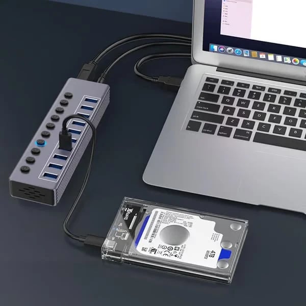 Powered 10-Port USB 3.0 Hub, USB C to 10 Ports USB Data Hub Splitter with Individual LED On/Off Switche, 3.3FT Cable, 12V/3A Power Adapter