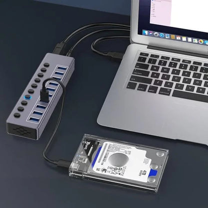 Powered 10-Port USB 3.0 Hub, USB C to 10 Ports USB Data Hub Splitter with Individual LED On/Off Switche, 3.3FT Cable, 12V/3A Power Adapter