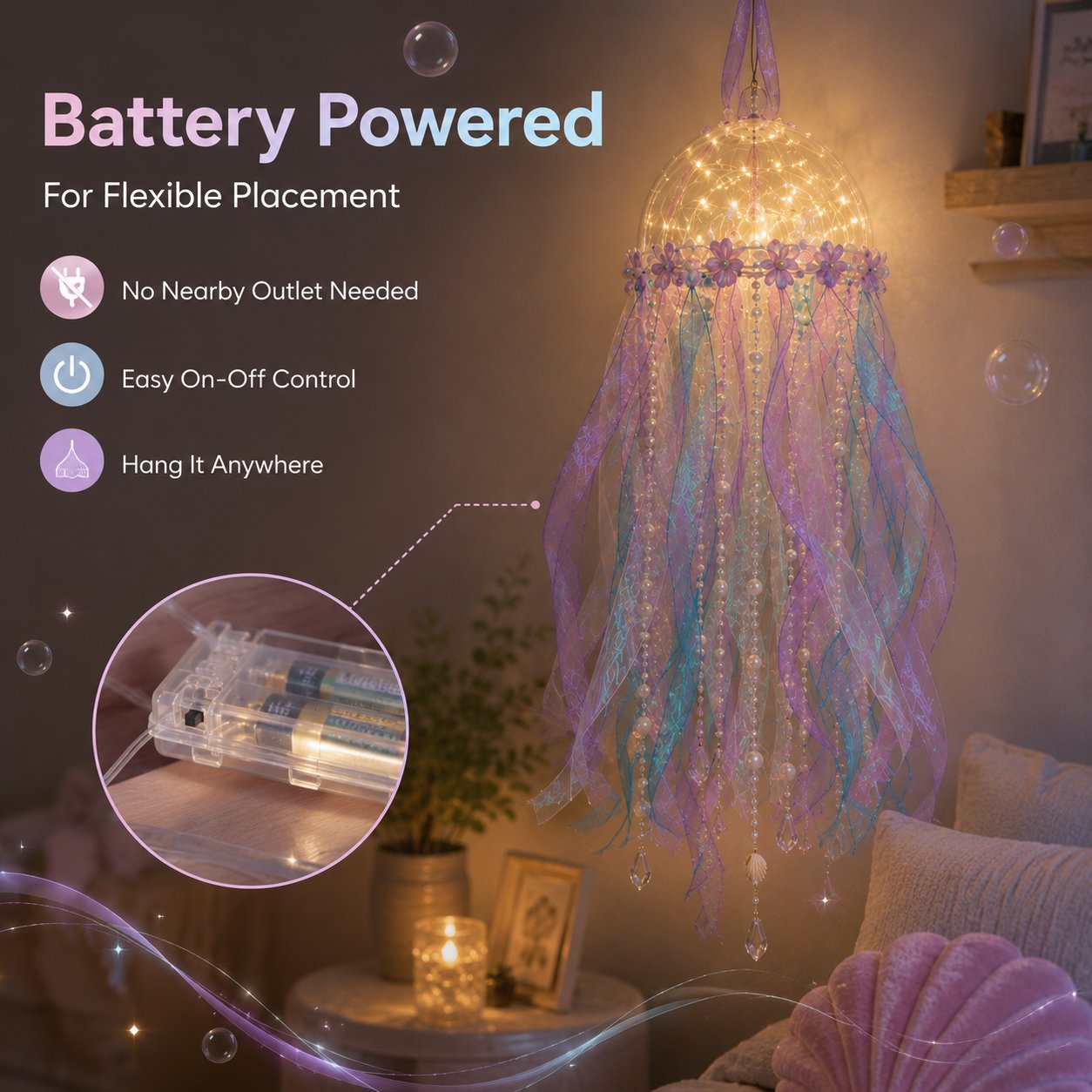 🎁 BUY 2 & GET FREE SHIPPING – 🪼 DIY Glowing Jellyfish Hanging Decoration Kit | Dreamy Floating Glow with Iridescent Ribbons, Pearls & Fairy Lights ✨