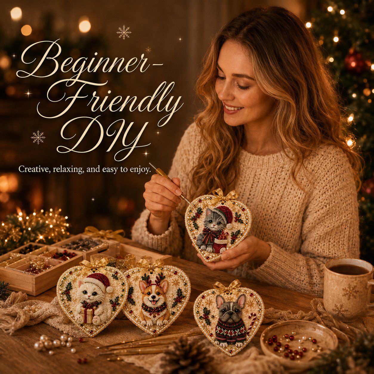 ⏳ Last Day 49% OFF – 🎄Beginner-Friendly DIY Pearl & Gem Christmas Heart Ornament Kit Collection | Complete Kit with Pearl-Style Beads, Gem Accents & Hanging Ribbon Included 💕