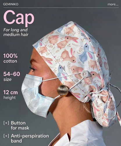 👩‍⚕️Adjustable Cotton Scrub Cap – Roomy Hair Pocket & Mask Buttons