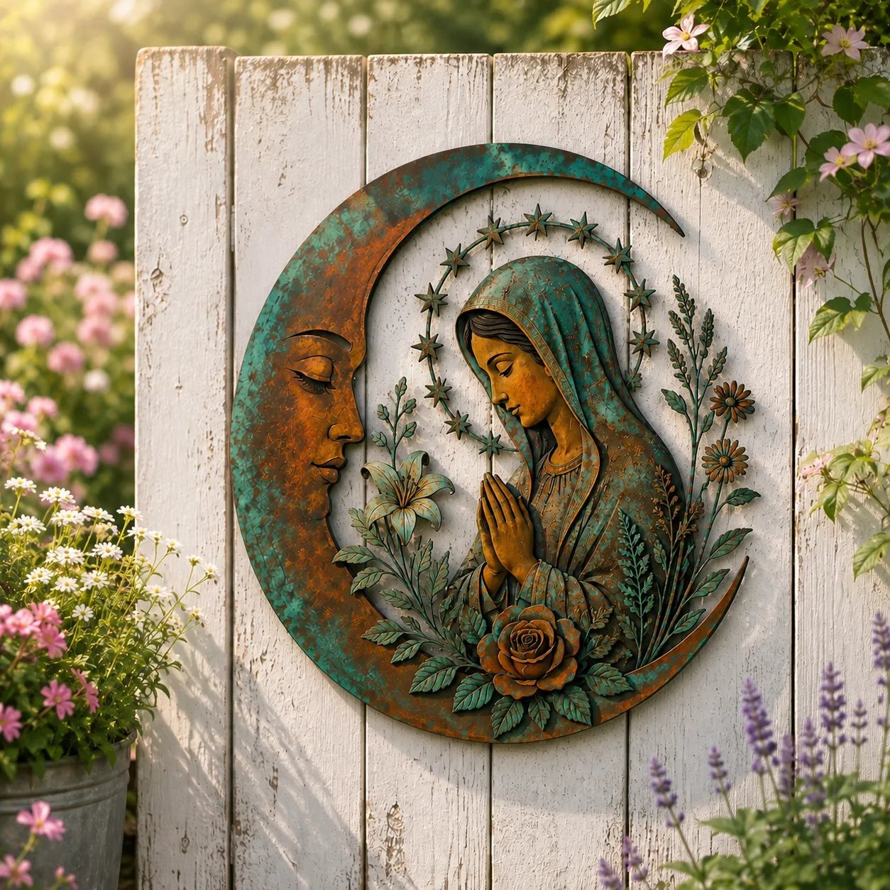 🌙 Crescent Moon Marian Botanical Metal Wall Art | Layered Virgin Mary, Raised Roses & Stars with Turquoise Patina and Copper-Tone Finish ✨