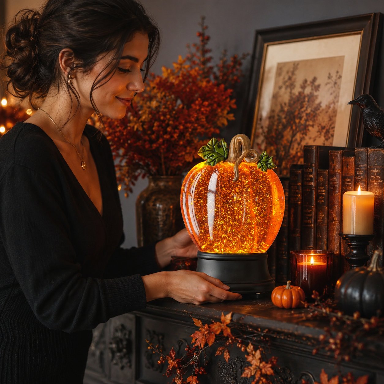 Orange Fall Pumpkin Lighted Glitter Swirl Water Globe