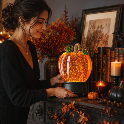 Orange Fall Pumpkin Lighted Glitter Swirl Water Globe