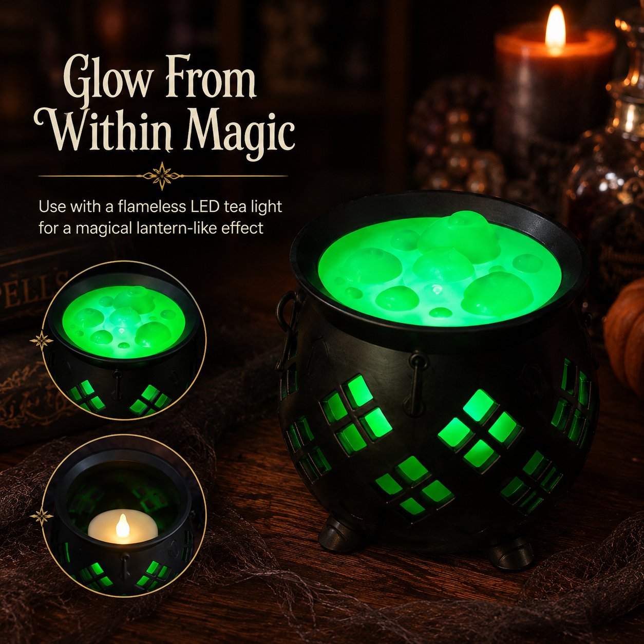 ⏳ Last Day 49% OFF – 🧙‍♀️ Glowing Witch’s Brew Cauldron Halloween Decor | Translucent Bubbling Potion Top with Flameless LED Tea Light Glow Effect ✨