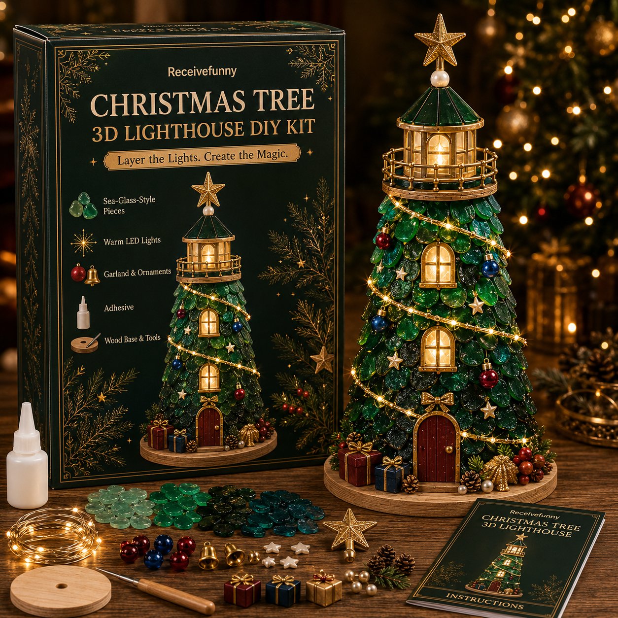 🎄Beginner-Friendly DIY Lighted Christmas Character Sea Glass-Style Lighthouse Kit Collection | Complete Kit with Sea Glass-Style Pieces, LED Lights & Step-by-Step Guide Included 💕