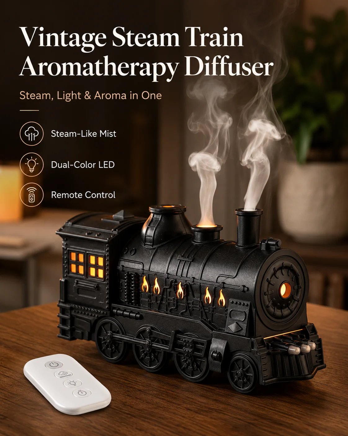 🔥Limited-Time Sale | Vintage Steam Train Humidifier – 300ML Aromatherapy Diffuser with LED Light