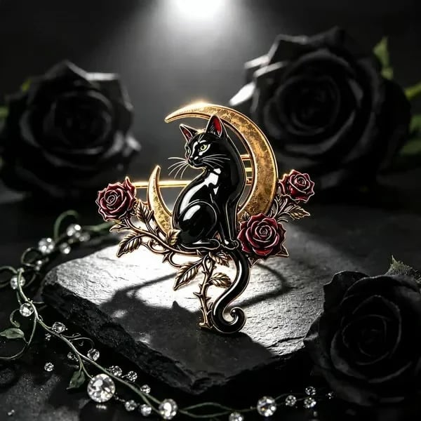 🐈‍⬛🌙 Black Cat Crescent Moon Brooch – Gothic Rose Statement Pin