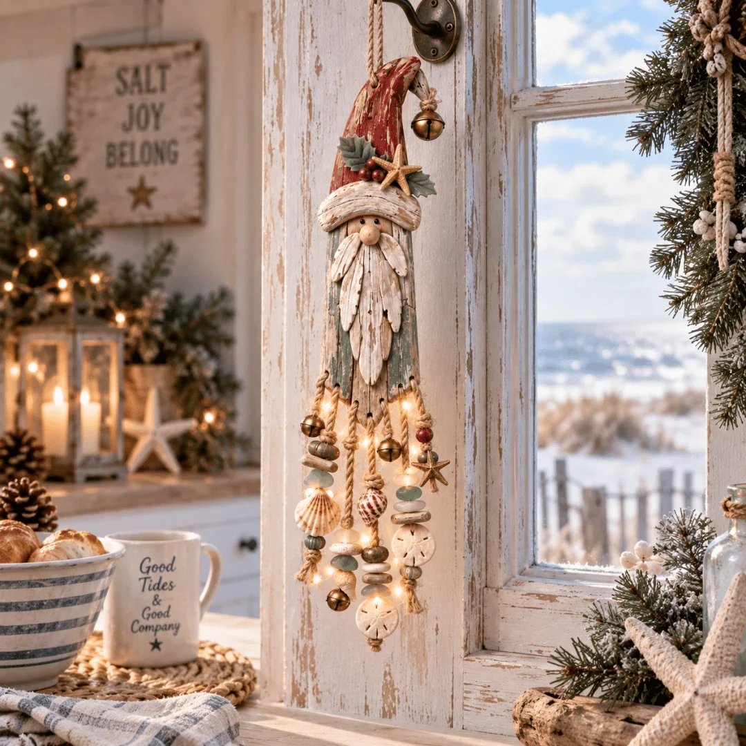🔔🎄Vintage Coastal Santa Lighted Wall Decor – Beach House Christmas Hanging with Starfish, Shells & Warm Glow🌙