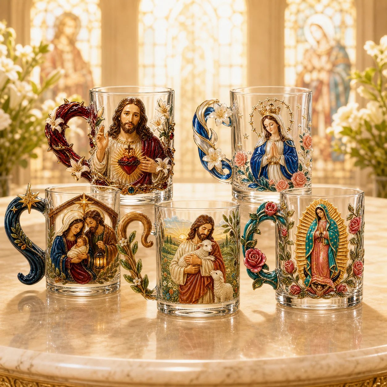 ⏳ Last Day 49% OFF – ✝️ 3D Christian Devotional Glass Mug Collection | 12oz Premium Clear Glass with Raised Jesus & Virgin Mary Figures, Sculptural Details & Jewel-Inspired Accents ✨